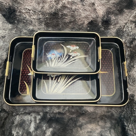 Other - Set 3 Vintage Japanese Shiny Black Lacquer Ware Nesting Trays Gold white & Red